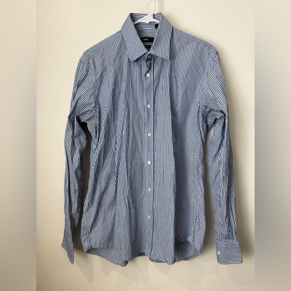 Hugo Boss Navy and White‎ Striped Dress Shirt